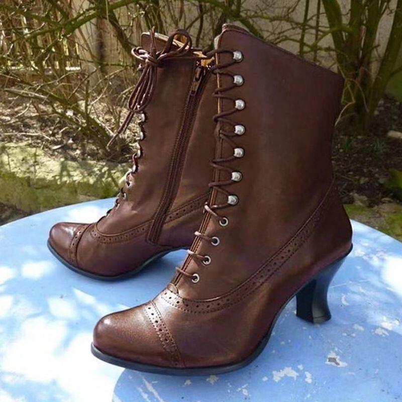 

Special-shaped heel medium heel women s leather boots autumn and winter new rivet lace-up short Martin boots women s boots 43 коричневый