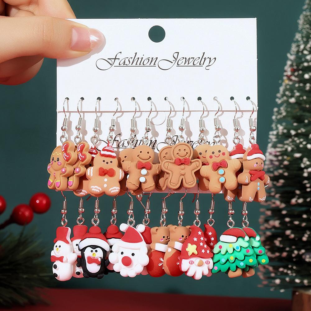 6 Pairs Christmas Gingerbread Man Dangle Earrings For Women Cute Resin Stereoscopic Simulated Cookies Earring New Year Jewelry