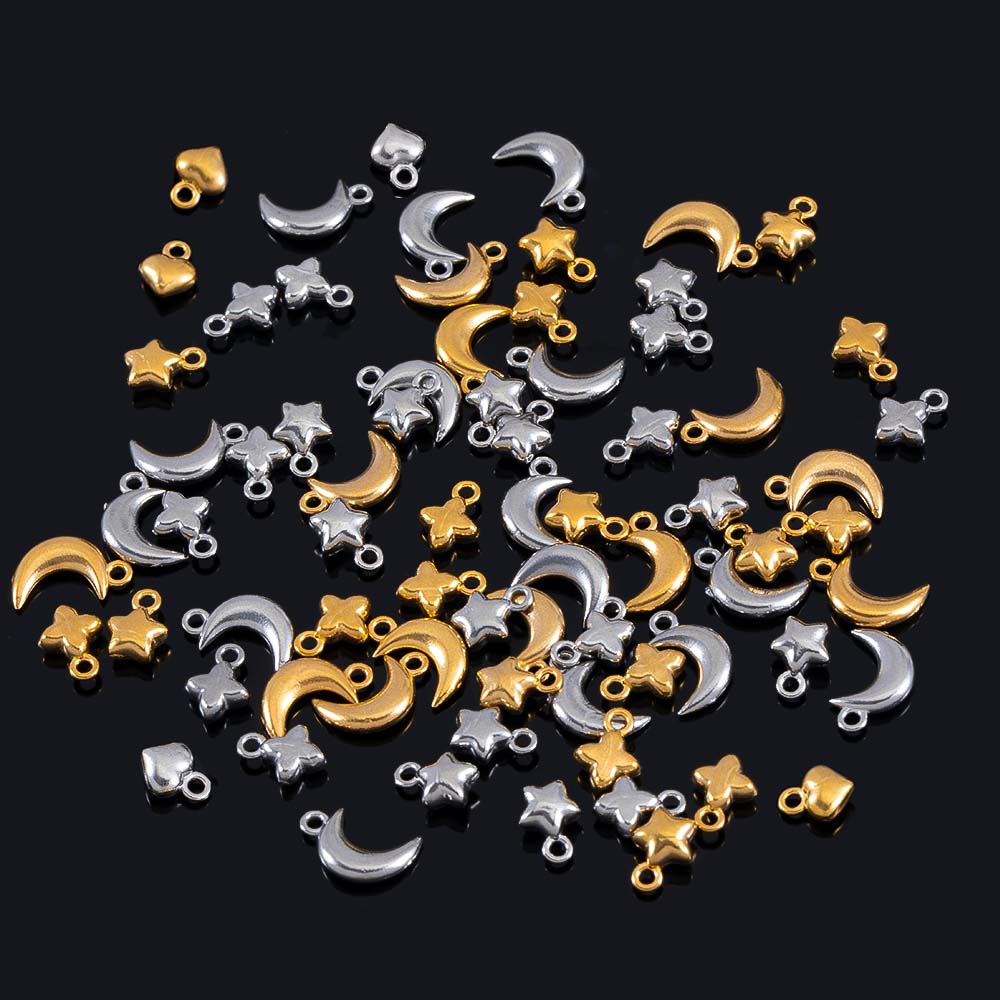 10pcs Stainless Steel Mini Heart Star Pendants Moon Necklace Charms for Earring Jewelry Making DIY Accessories Findings Supplies