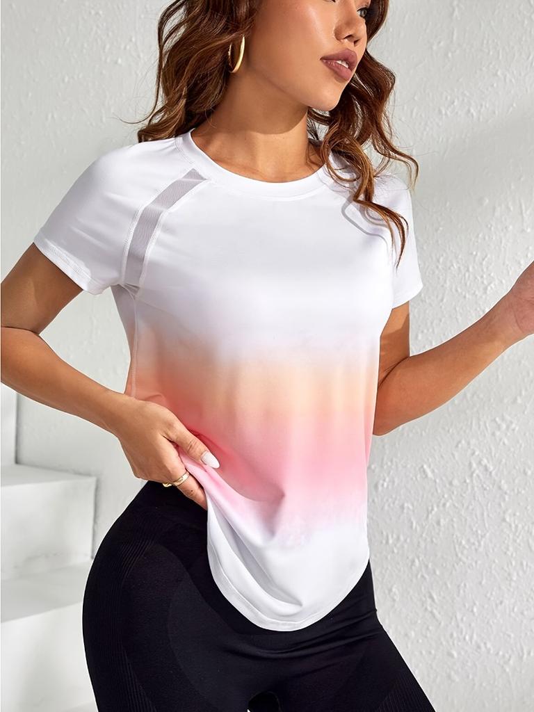 Women's Sports Gradient Blue-Green T-Shirt, Short Sleeve, Crew Neck, Casual Summer Gradient Top