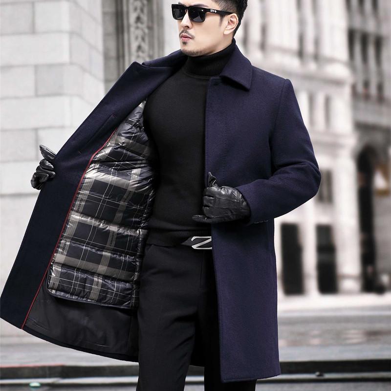 New winter men's cashmere coat, mid-length woolen down lining lapel coat, thickened woolen windbreaker