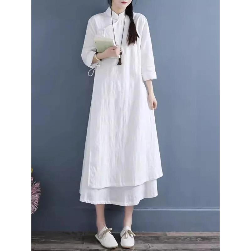 Improved Mandarin Collar Cotton-Linen Dress, Spring Autumn Double-Layer Zen Tea Wear, Artistic Retro Women's Clothing
