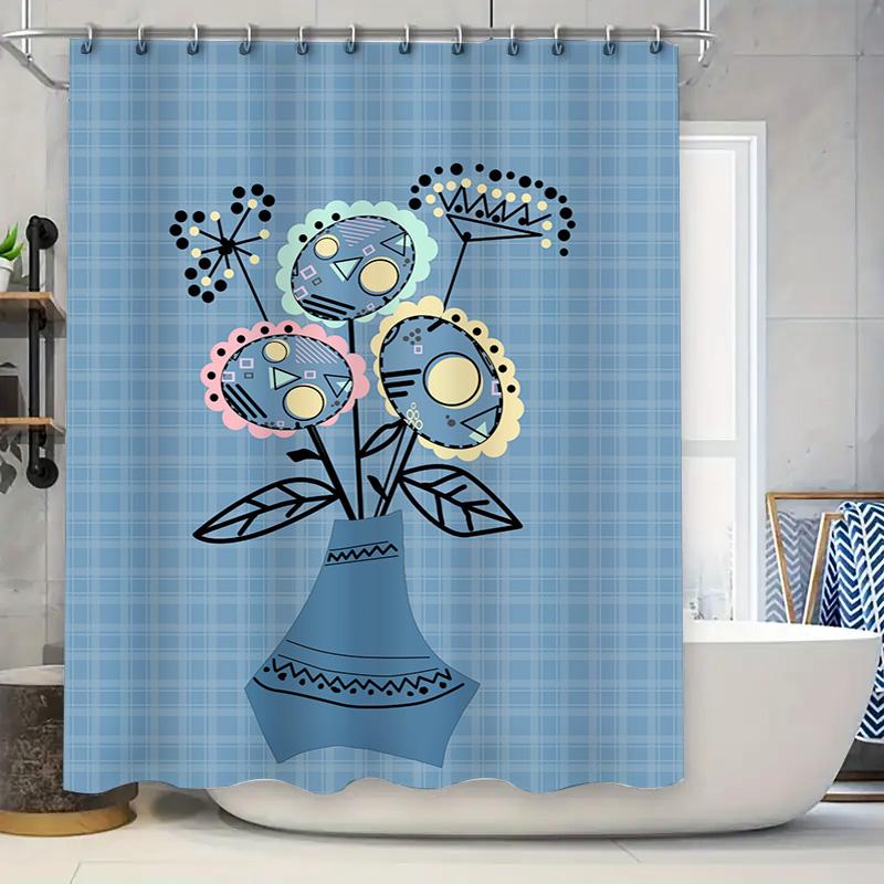 

Декоративная шторка для душа с синим клетчатым узором, уникальным цветочным дизайном для украшения ванной комнаты 90x180cm