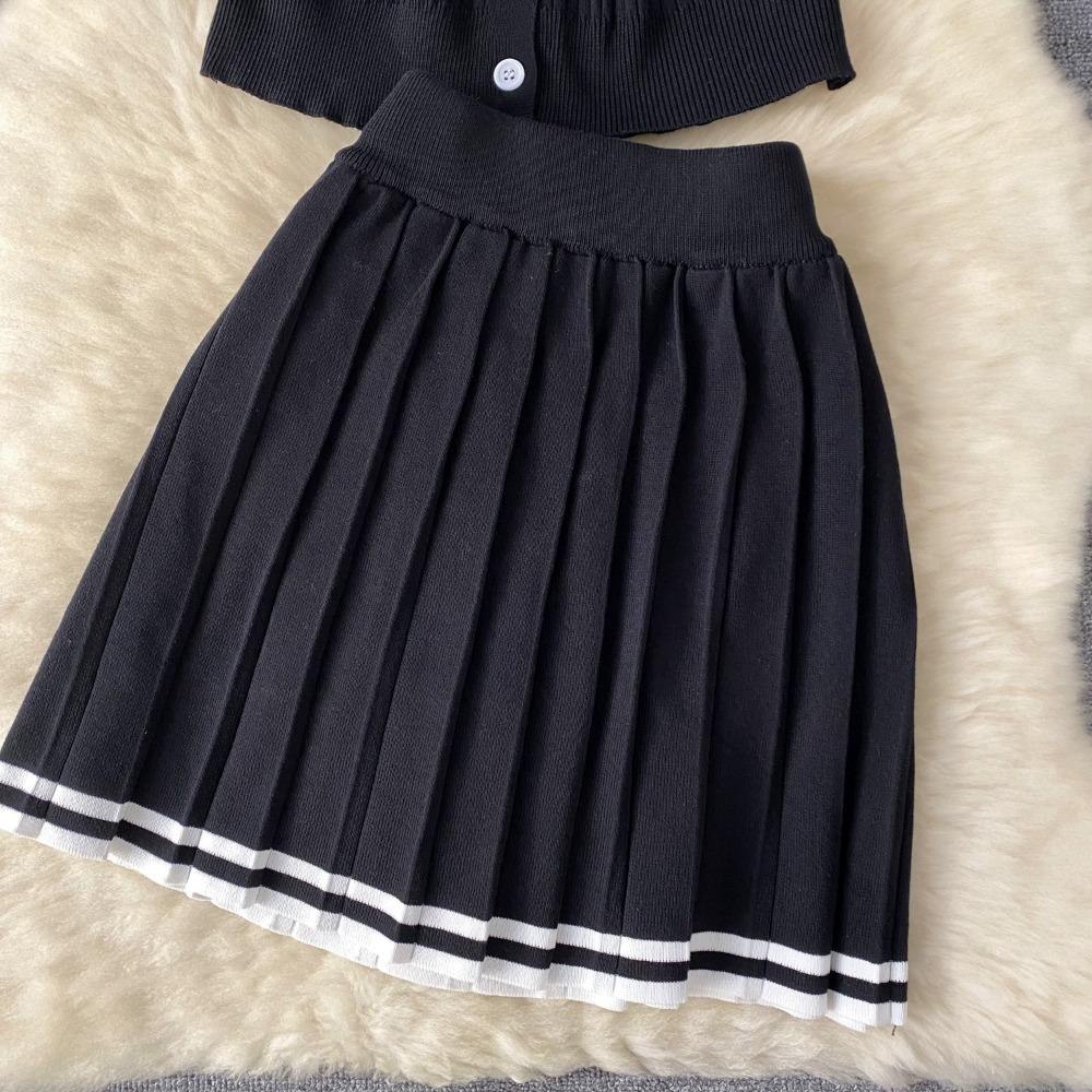 Two 2 Pieces Set for Women Summer Sexy Polo Collar Short Sleeve Buttons Knit Top and Elastic Waist Mini Pleated Skirt Suits