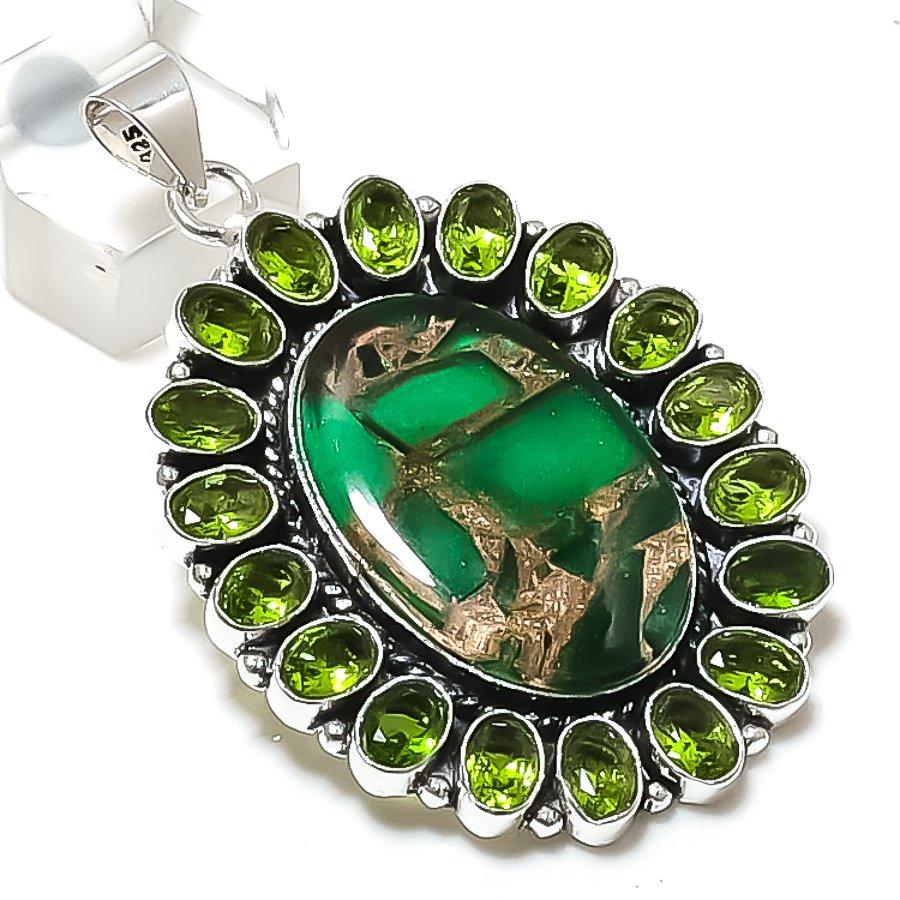 Copper Turquoise, Peridot Ethnic 925 Sterling Silver Jewelry Pendant 2.48  I1j72