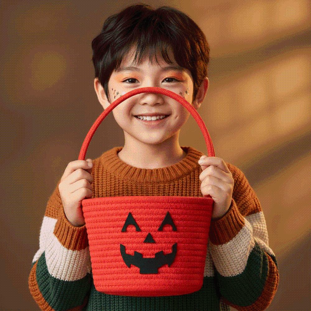 Braided Pumpkin Candy Bucket Orange Woven Storage Pouch Halloween Rope Basket Guests