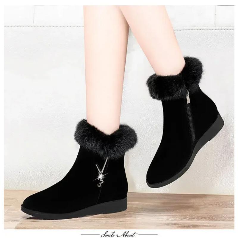 Plush Womens Boots Comfortable Hick-soled Fur Shoes Fashion Ladies Shoes Zipper Women Vulcanized Shoes Anti-slip Chaussure Femme