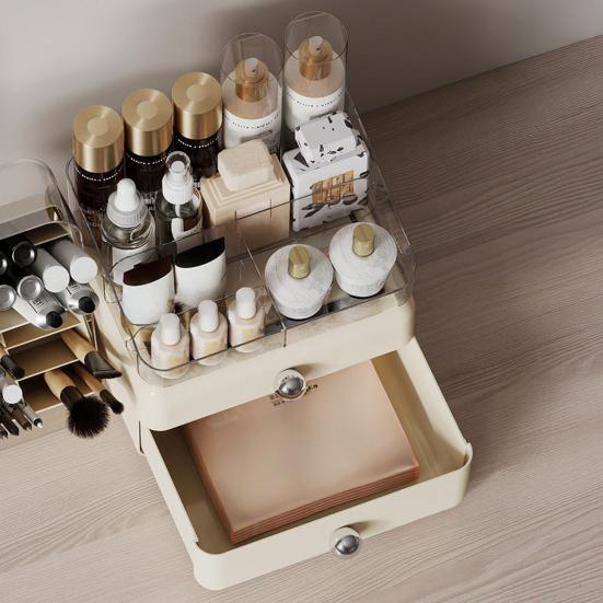 Desktop Cosmetics Storage Box Large Capacity Cosmetic Organizer with 2 Drawers Removable Multi-Compartment Box Makeup Organizer for Dresser