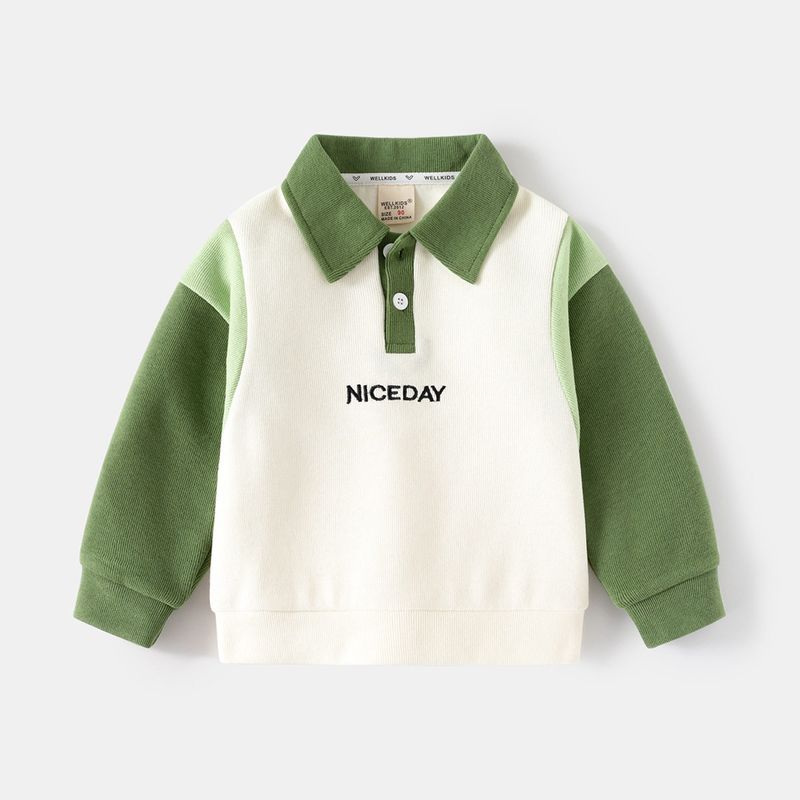 Children s Knitted Sweatshirt Spring and Autumn Kids  Clothing Boys  Turn-Down Collar Letter Top Boys  Korean Style Patchwork Sleeve Pullover Color Matching 90 cm