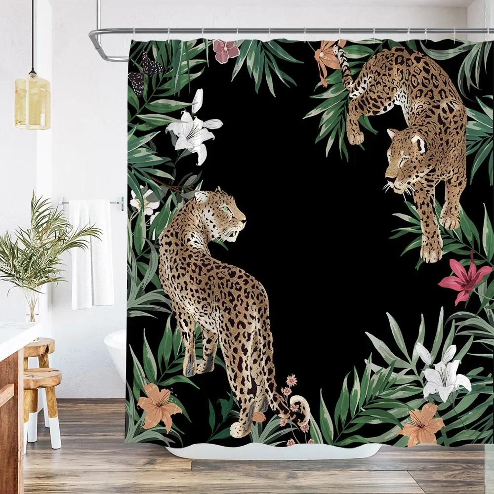 Plant Africa Leopard Shower Curtain Tropical Palm Leaf Zebra Toucan Flamingo Jungle Wild Animal Bathroom Decor Bath Curtains Set