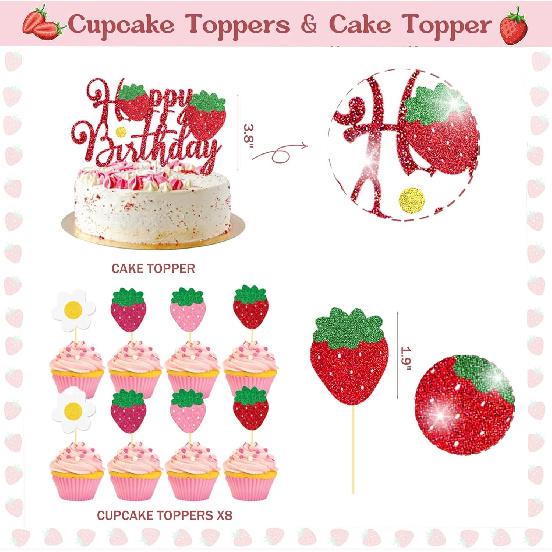 103 PCs Strawberry Party Decorations, Hombae Strawberry Decorations for Birthday Backdrop Balloon Garland Arch Happy Birthday Banner Cake Cupcake