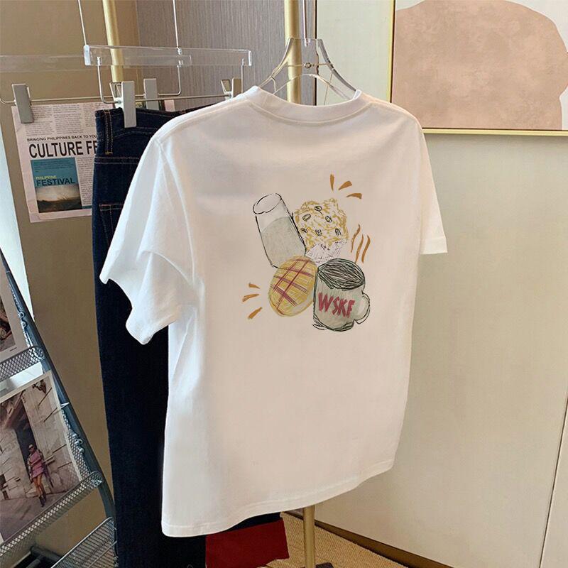 

2025 summer new design sense white cotton short-sleeved t-shirt women s loose and versatile fashion cartoon printed top S