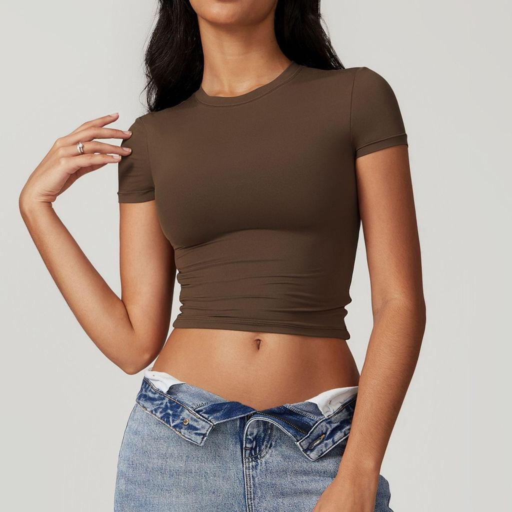 Top Corto Slim Fit Colore Caffè Europeo & Americano - T-shirt Corta Casual da Donna