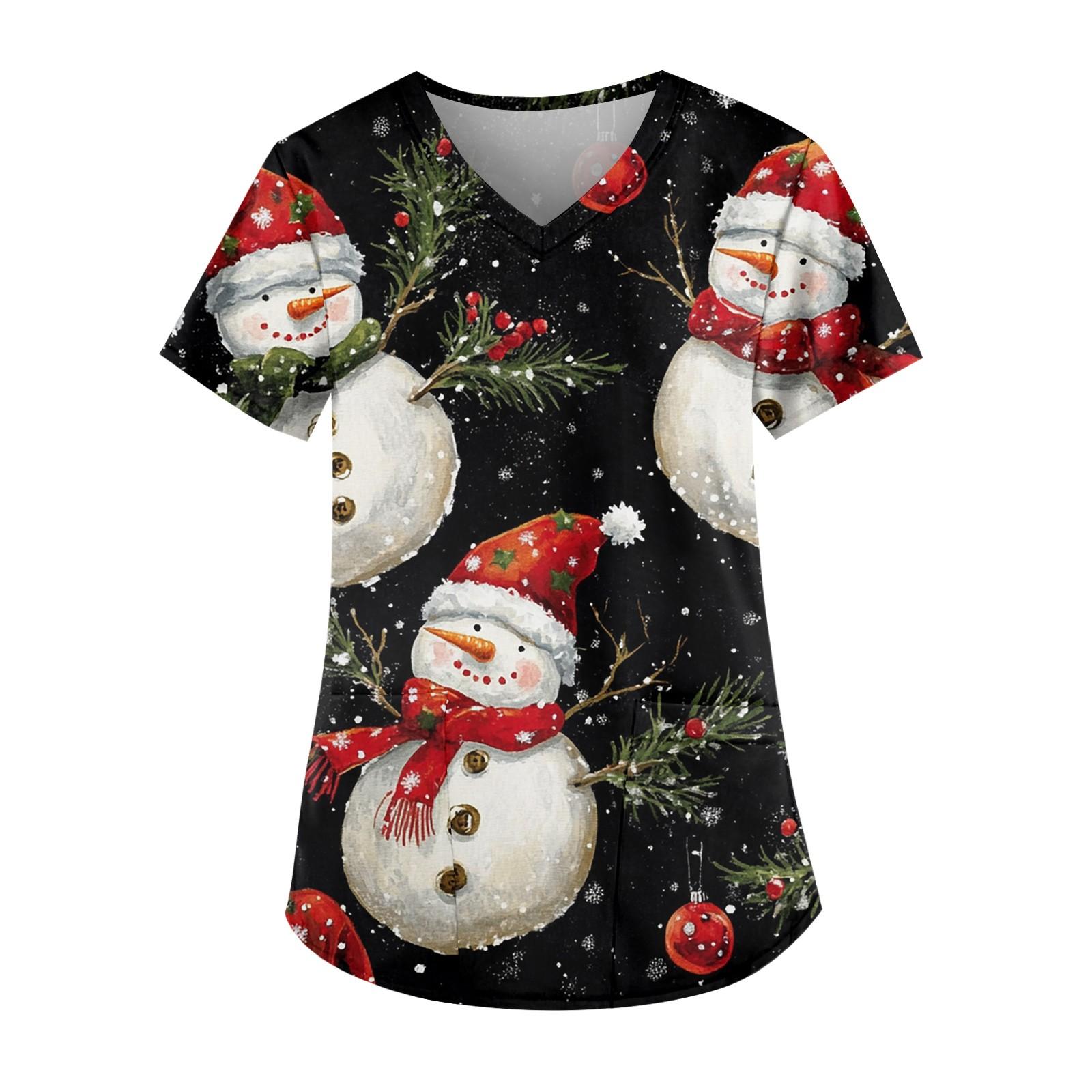 

Жіночий модний робочий одяг з V-подібним вирізом і короткими рукавами з кишеньковим різдвяним принтом L