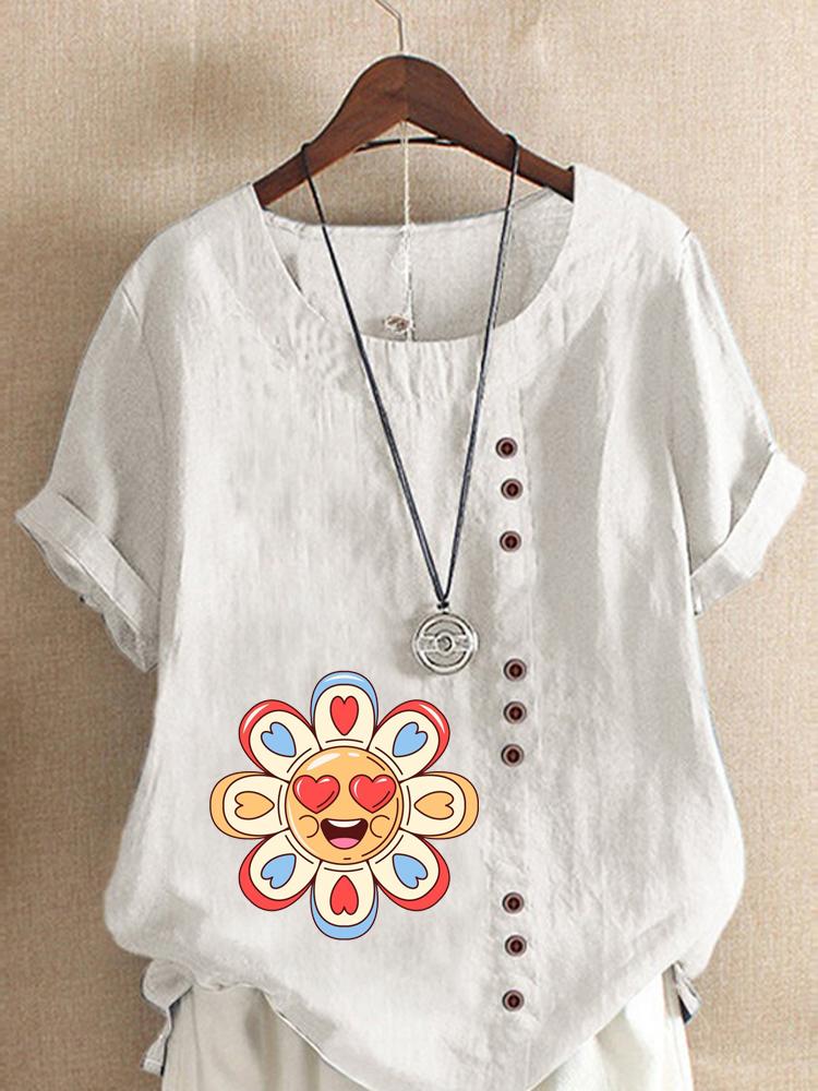 Women's Fashion Love Petal Print Round Neck Short Sleeve T-shirt Casual Cotton Linen Graphic Shirt Leisure Loose Summer Blouse Tops