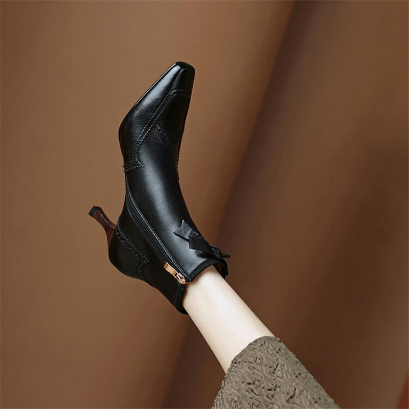 Fashion New 2025 Autumn Winter Bullock Women Shoes High Heel Genuine Leather Boots for Women Square Toe Boots Zipper Bow Ankle Boots