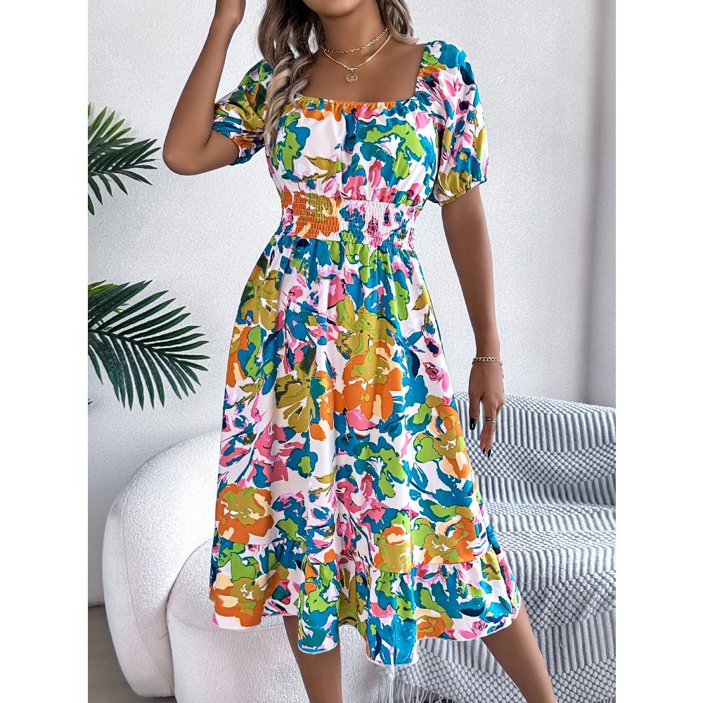 Rochie Florală de Damă Rochie Casual Florală cu Gât Pătrat Mânecă Scurtă cu Volan în Talie Rochie A-Line Rochii Largi