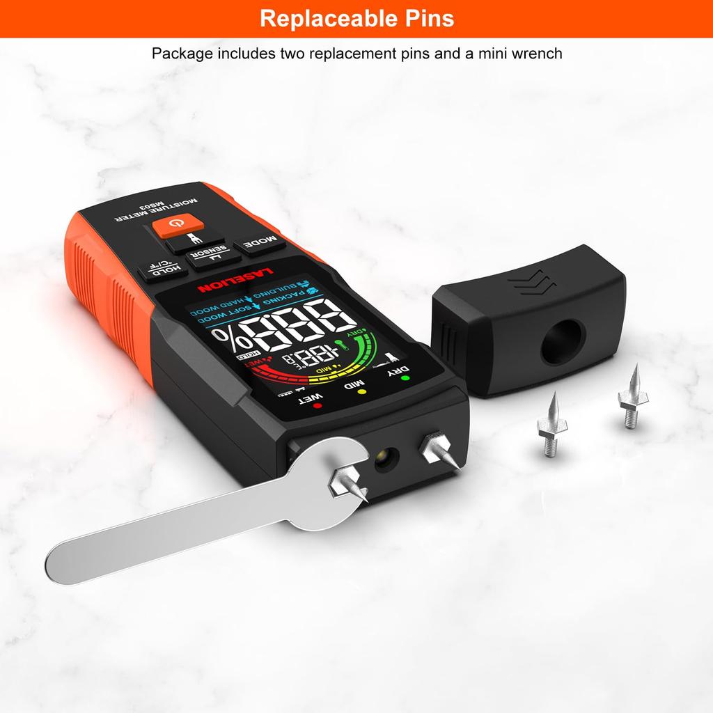 LASELION 2-in-1 Pin & Pinless Moisture Meter MS03 – Accurate Moisture Detection for Wood, Concrete, Drywall, Etc. – LCD Display with Hold Function, Fl