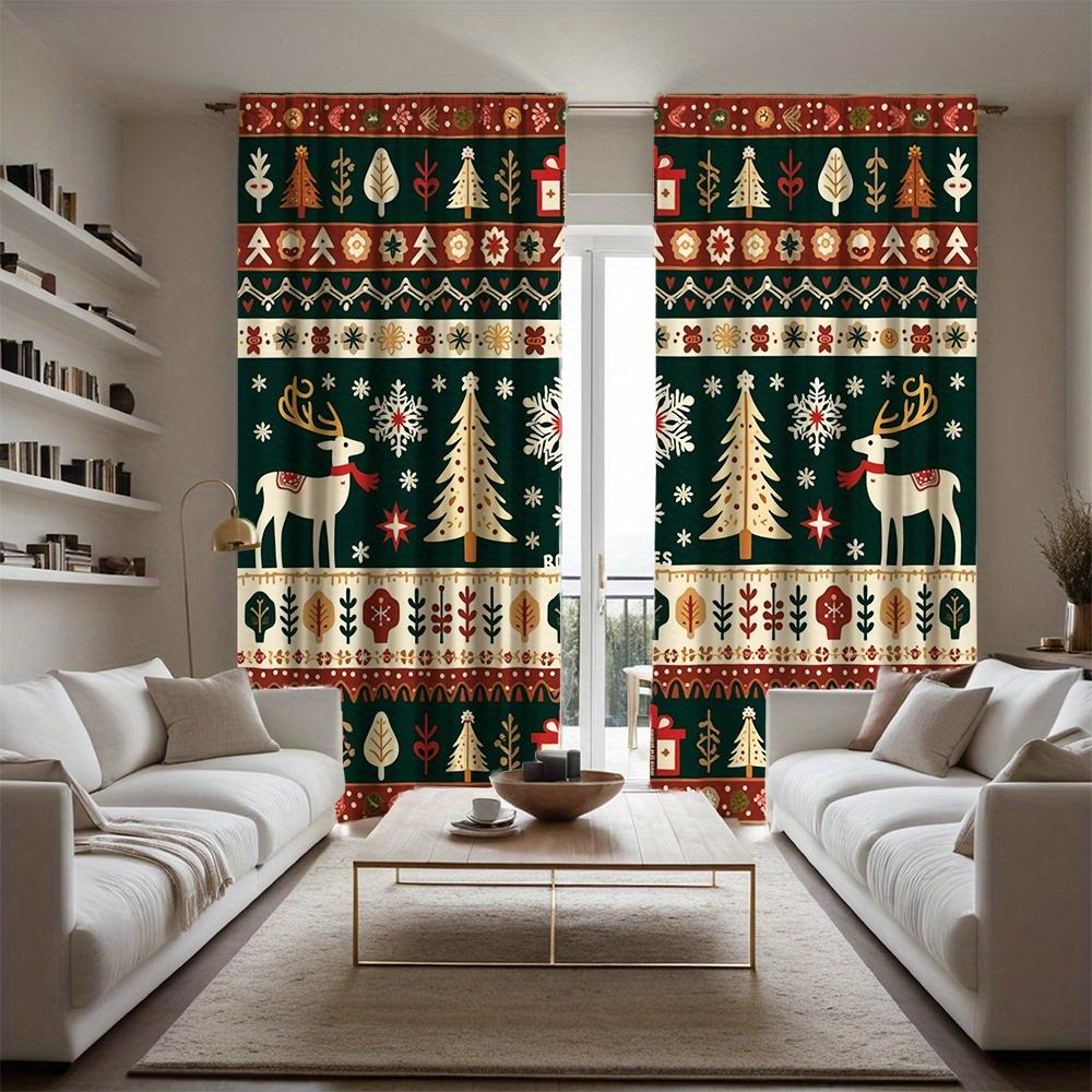 2pcs Christmas Curtains with Reindeer Snowflakes & Trees Design - Velvet-Like Polyester Fabric Semi-Translucent Rod