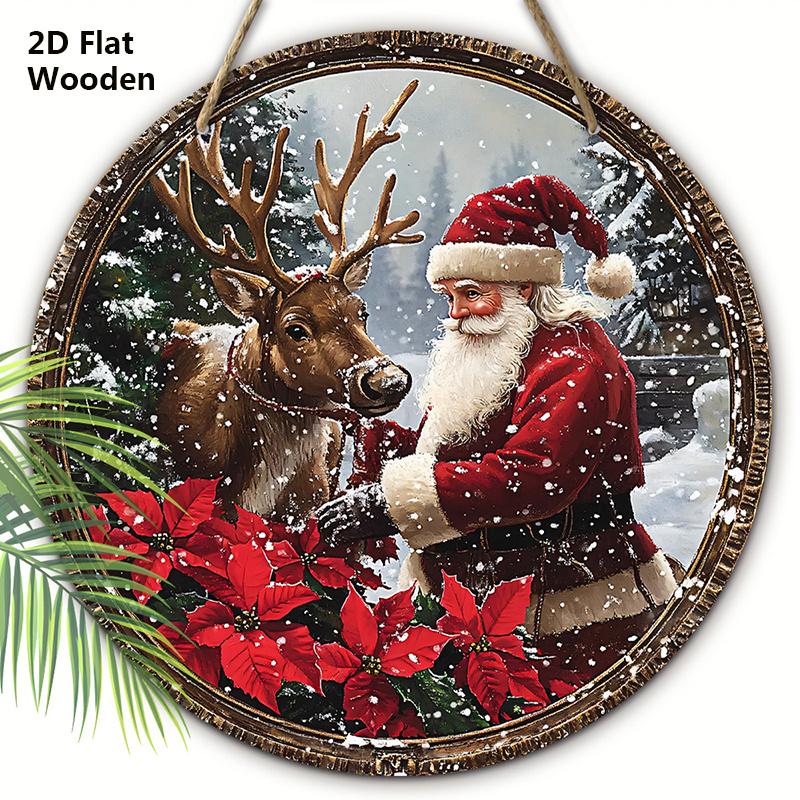 

Рождественская деревянная табличка с узором Санта-Клауса и оленей - Теплая зимняя табличка Navidad для декора на входную дверь, стену - Идеальное рождественское украшение 20cm/7.87in красный