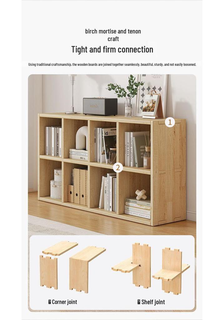 Solid Wood Bookshelf: Floor-Standing & Wall-Leaning Grid Cabinet for Living Room or Kindergarten Storage.