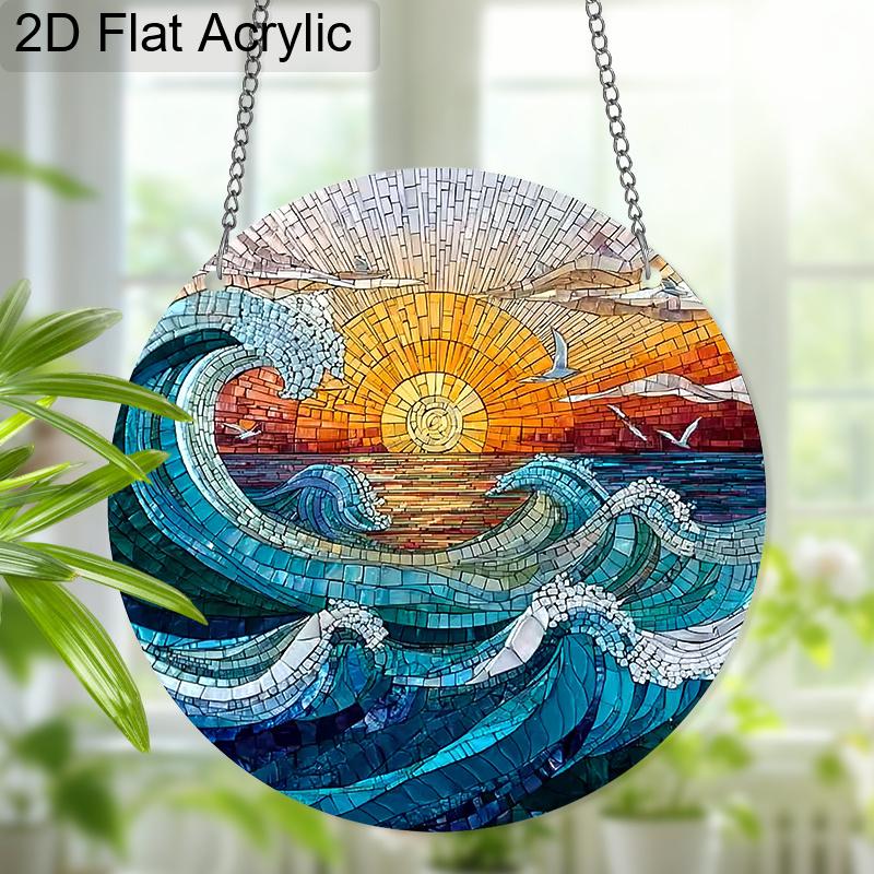 Acrylic Ocean Wave Sunset Suncatcher Stained Glass Effect Window Hanging Ornament Beach Lover Gifts