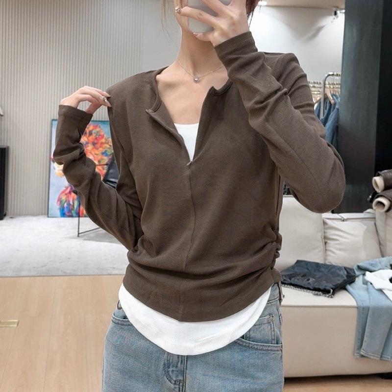 

Дондэмун 2025 Женская футболка с длинным рукавом и нерегулярной плиссировкой для осени/зимы XL кофейный