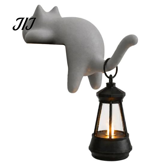 Soft Glow Reading Corner Light Cat Shape Shelf Hook with LED Lantern, Vintage Decorative Cozy Atmosphere Night Lamp Hanging Ornament, for Bookshelves