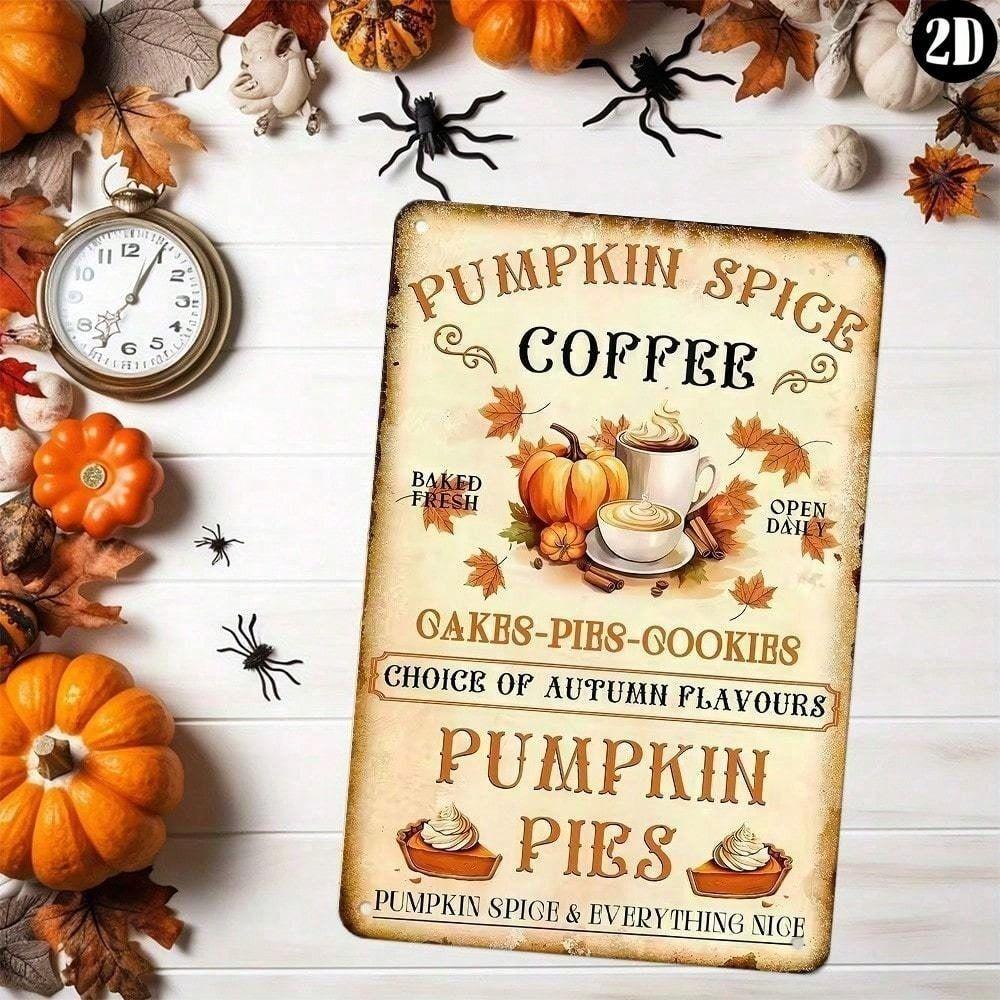 Metallposter Pumpkin Spice Coffee, Vintage Blechschild für die Wand, Herbstküchendekoration
