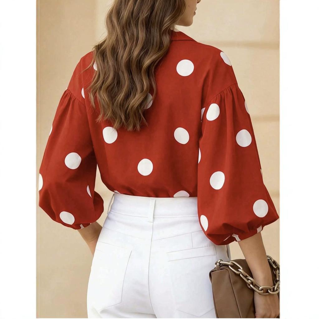 European and American new polka dot temperament loose shirt v-neck fashion loose lantern sleeve commuter versatile top