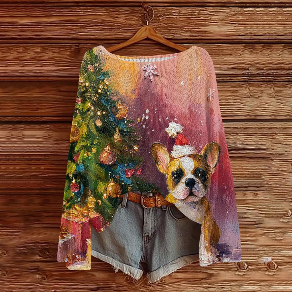 Women's Casual Fashion Round Neck Top Christmas Print Long Sleeve Knit Pullover