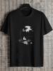 1pc Casual 180g Cotton T-shirt - Black Crew Neck Short Sleeve with Geometric Angler Silhouette & Moonlit Lake Print