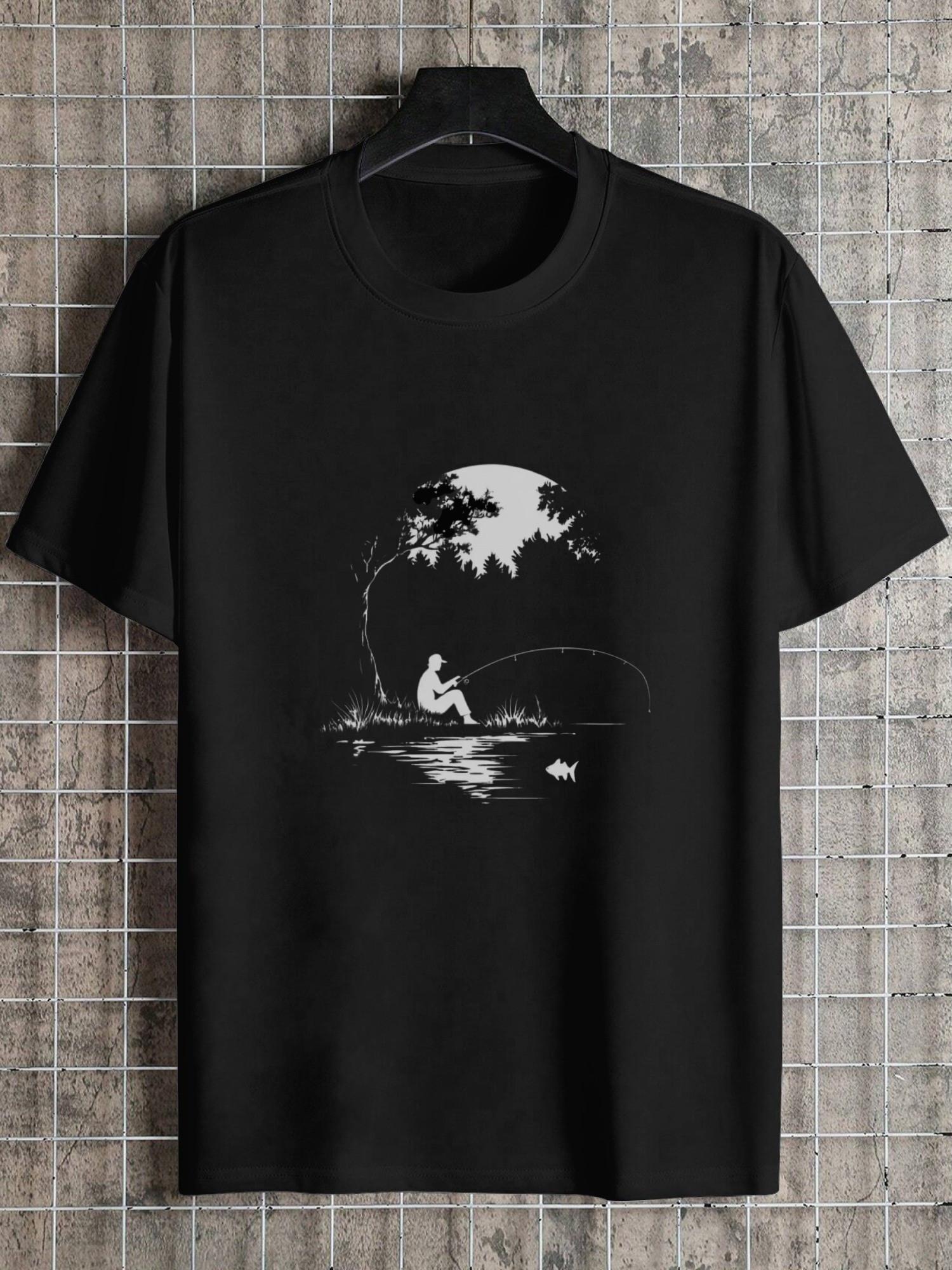 

1pc Casual 180g Cotton T-shirt - Black Crew Neck Short Sleeve with Geometric Angler Silhouette & Moonlit Lake Print XXL