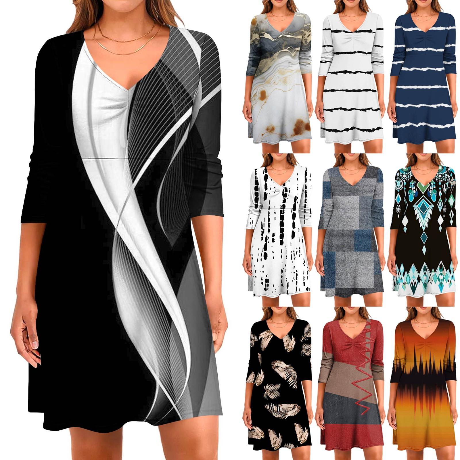 

Women s Casual Loose Comfortable Print V-Neck 3/4 Sleeve Dress S