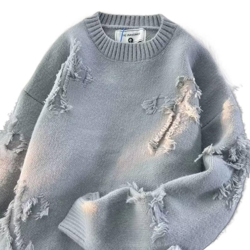 Mens Oversized Knit Sweater With Distressed Detail Tassel Trim Round Neck Long Sleeve Winter