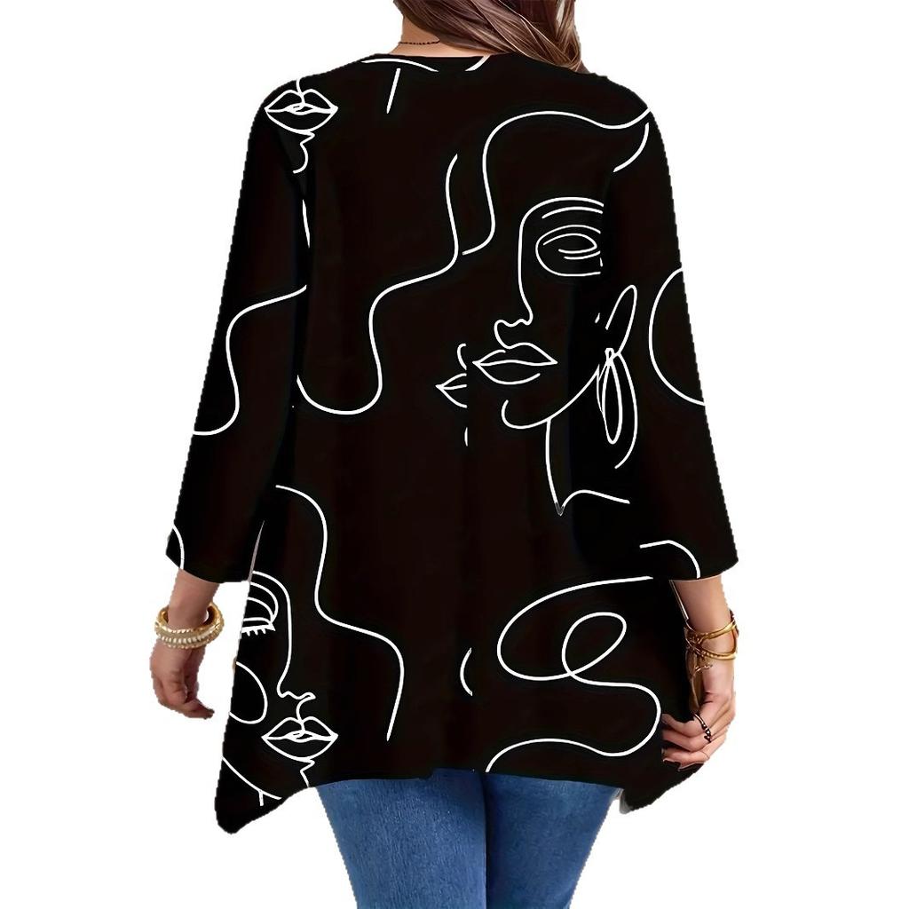 Creative Face Pattern Printed Top Casual Round Neck Long Sleeve Large Size Women’s T-Shirts