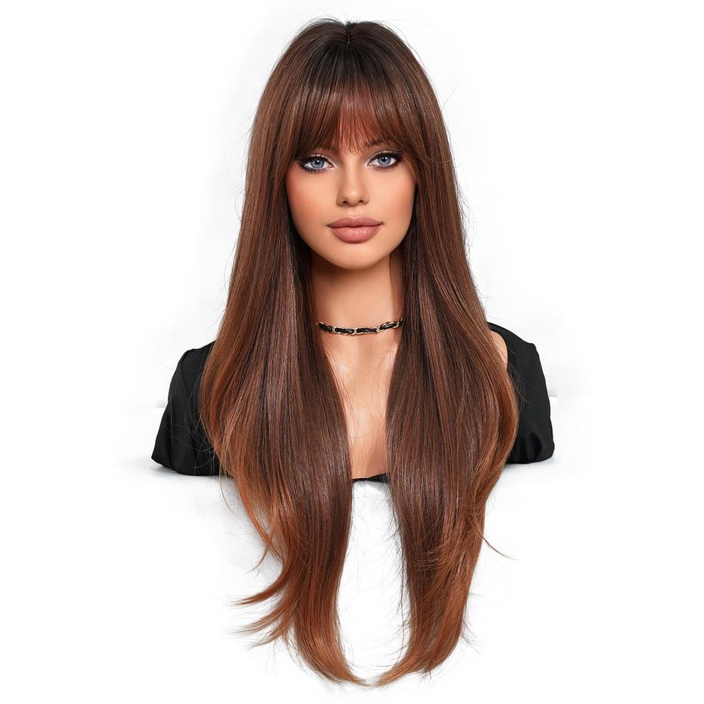 Ladies' Bangs Wig Brown Gold Gradient Fashion Layer Long Hair Natural Daily Full Head Set Synthetic