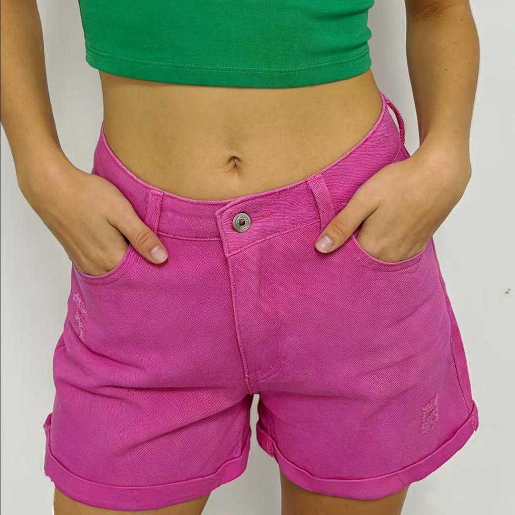 Dámské barevné džíny Stretch Slim Fit Distressed Denim Shorts