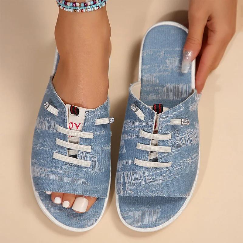 Fashion Unisex Slides New Women Slippers Peep-toe Sandals Outdoor Casual Canvas Denim Slippers Flat Home Slippers Large Sizes 36-43