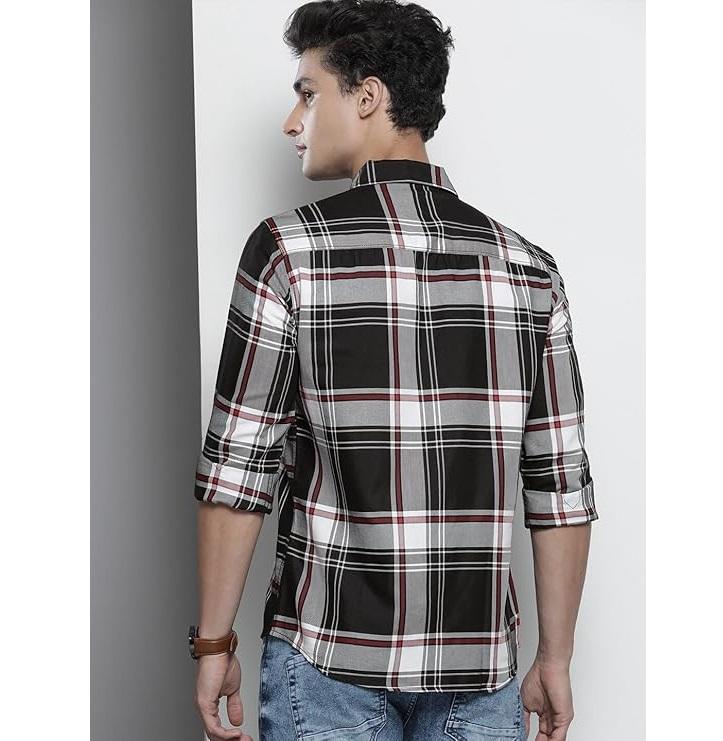 Men's Slim Fit Checkered Full Sleeves Spread Collar Premium Cotton Casual Shirt