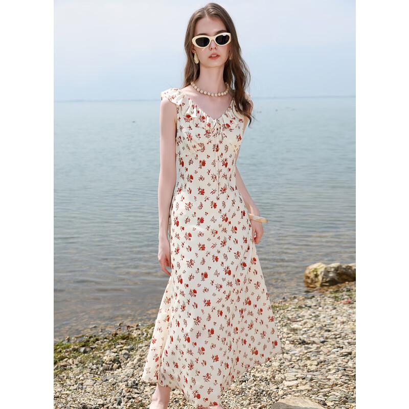 

SanCai 2025 Summer Ruffle V-Neck Floral A-Line Long Dress S