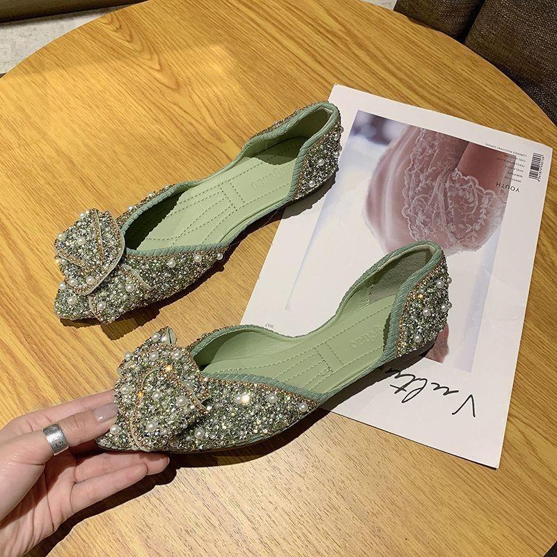 Pointed Single Shoes Women's Summer New Bow Ladyshoes Versatile Pearl Rhinestone Flat Bottom Shallow Beanie Shoes