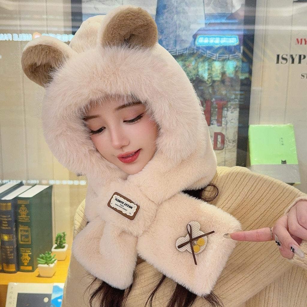 Hat winter warm cute scarf plush hat christmas deer gloves scarf integrated three-piece set versatile winter
