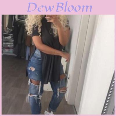 Women's Premium Quality Long T-shirt Round Neck Short Sleeve Split Tops Casual Dress