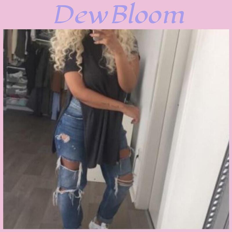 Women's Premium Quality Long T-shirt Round Neck Short Sleeve Split Tops Casual Dress