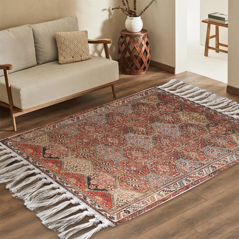 Vintage Persian Style Polyester Cotton Hand Woven Tassel Rug Living Room Bedroom Bedside Carpet Stain Resistant Easy Care