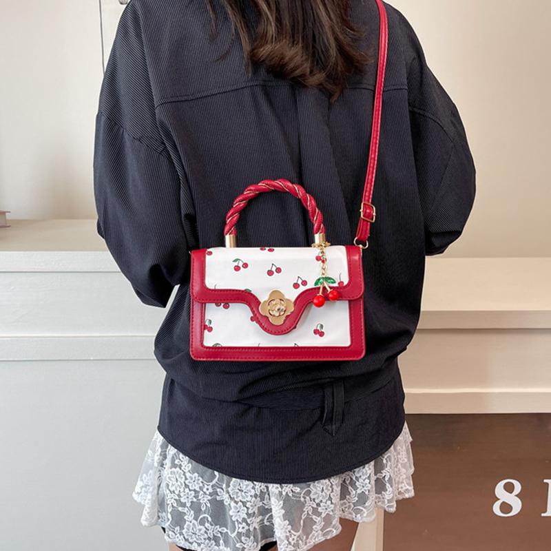 Women Cherry Square Bag PU Leather Sweet Cherry Crossbody Bag Adjustable Strap Sling Ladies Outdoor Small Handbags