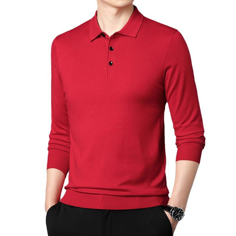 Spring and Autumn Thin Lapel Sweater for Middle-aged Men with Wool Loose Lapel T-shirt Casual Solid Color Knitted Polo Shirt