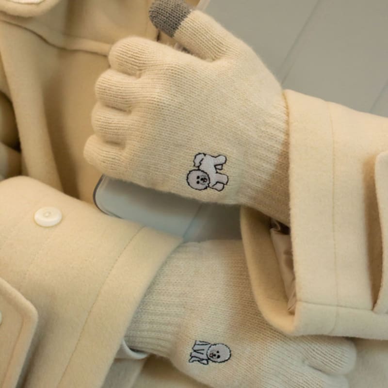 SNOOZY Bichon Frise Embroidered Wool Knit Gloves Cream Beige