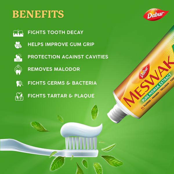 Dabur Dentifrice Meswak Soin Buccal Complet 100g | Extrait d'Herbes Miswak | Protection Caries, Soin des Gencives, Élimination de la Plaque & Haleine Fraîche | Sans Fluor